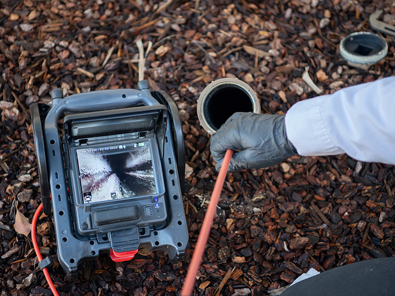 Plumber feeding a camera probe into an outdoor cleanout for sewer camera inspection in Livonia, MI